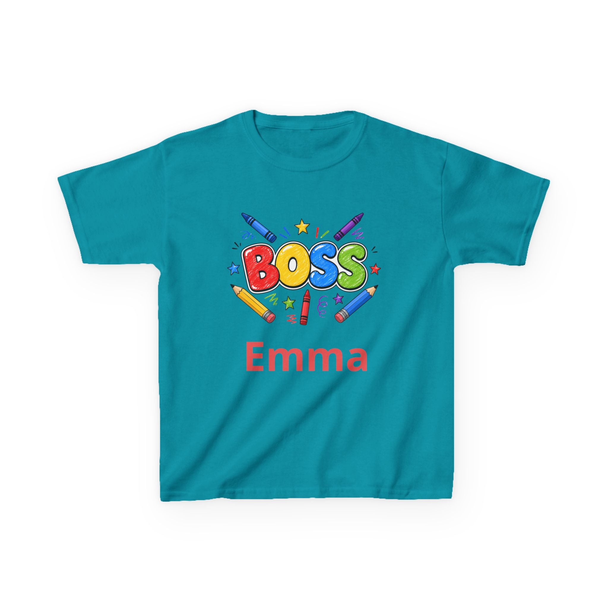 Kids 'Boss' Personalized T‑Shirt — Colorful Crayon Design (Custom Name)