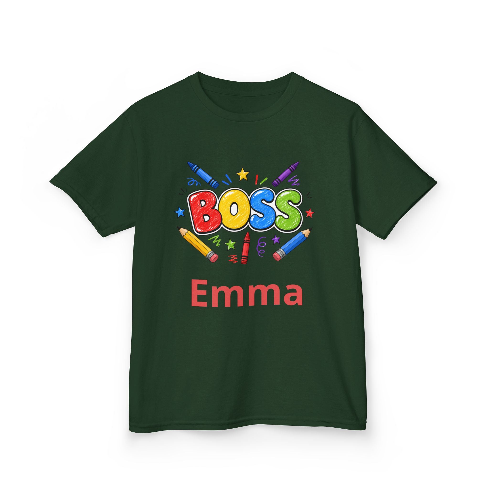 Kids 'Boss' Personalized T‑Shirt — Colorful Crayon Design (Custom Name)