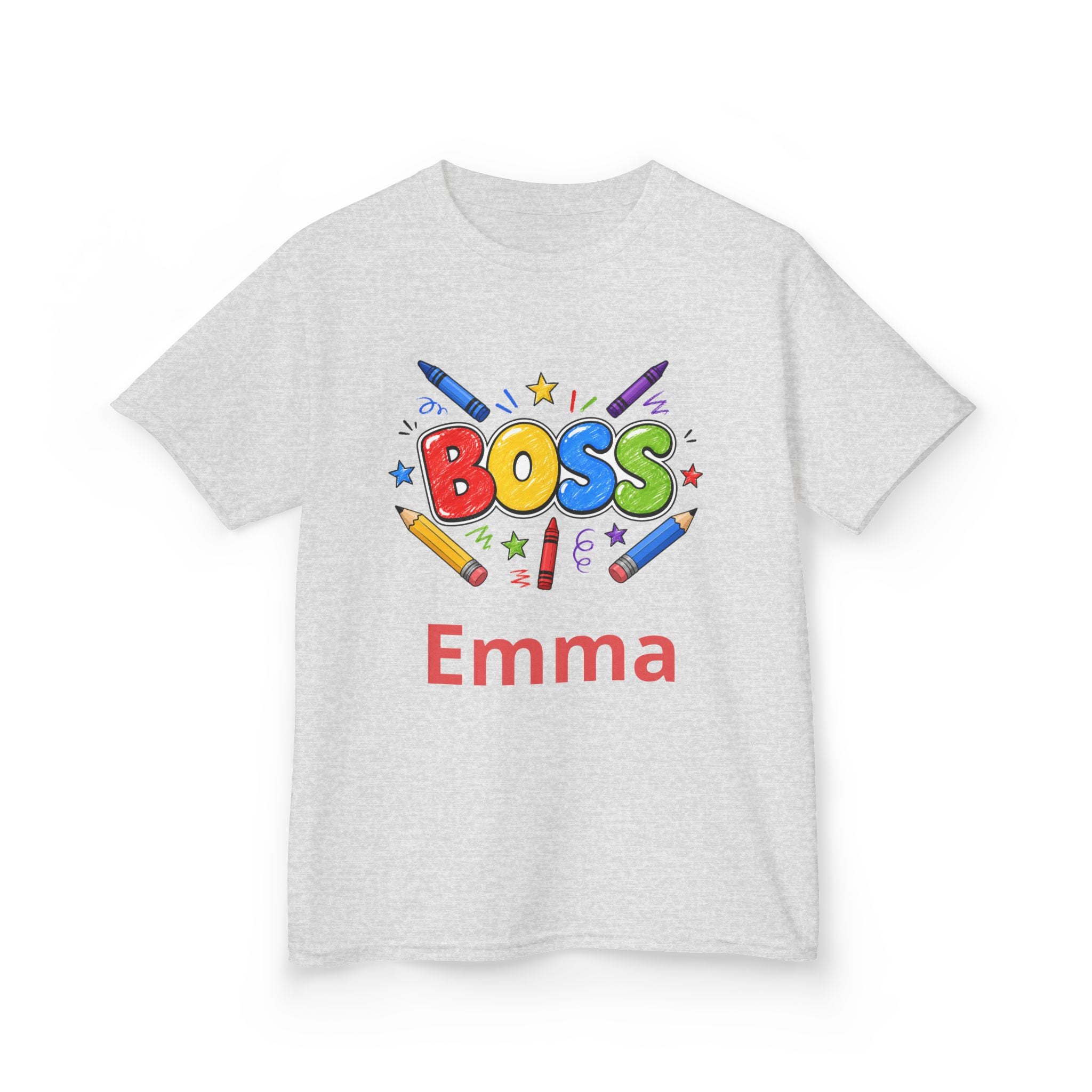 Kids 'Boss' Personalized T‑Shirt — Colorful Crayon Design (Custom Name)