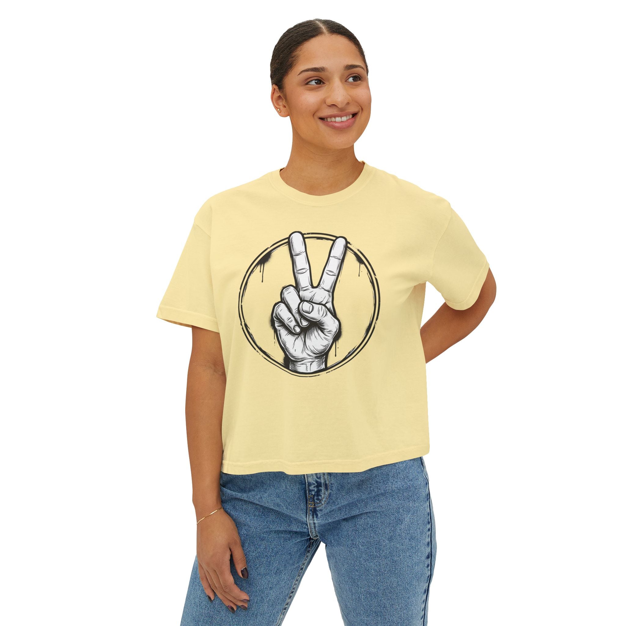 Personalized Women’s Boxy Tee — Peace Hand Graphic & “Purpose Looks Good on Me” Back Print