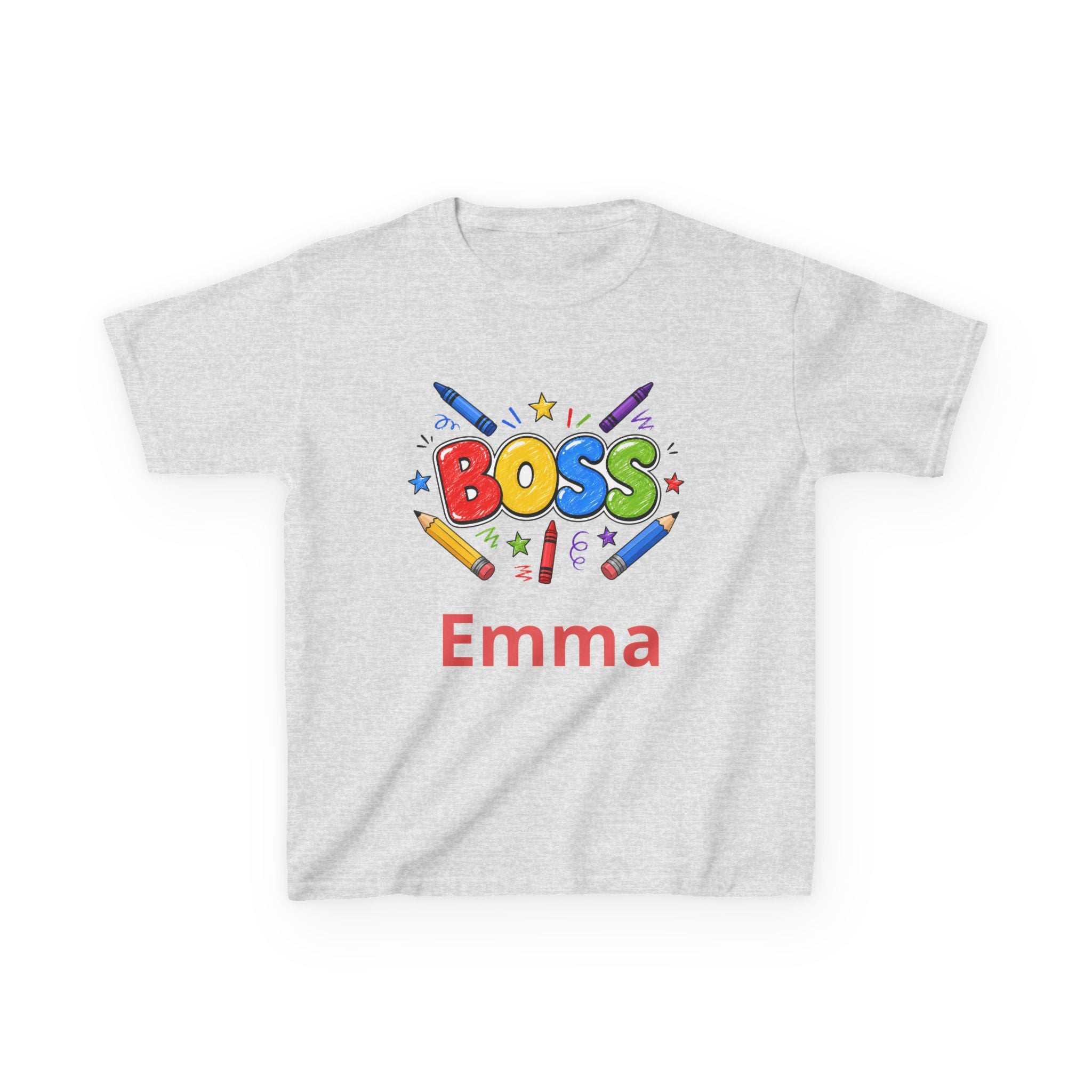 Kids 'Boss' Personalized T‑Shirt — Colorful Crayon Design (Custom Name)