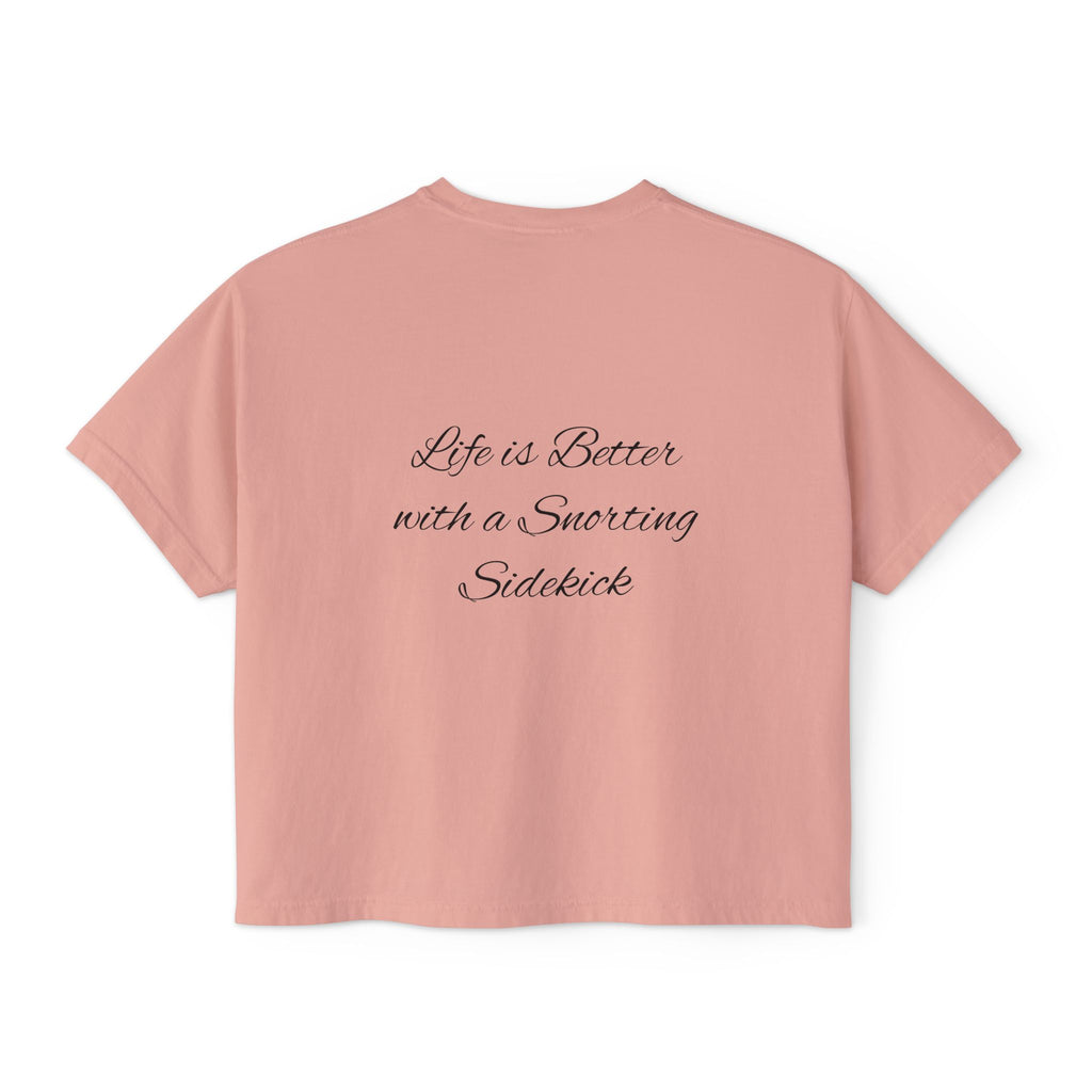 Personalized Pug Mom Boxy Tee — "Pug Mom" Front with "Life is Better with a Snorting Sidekick" Back