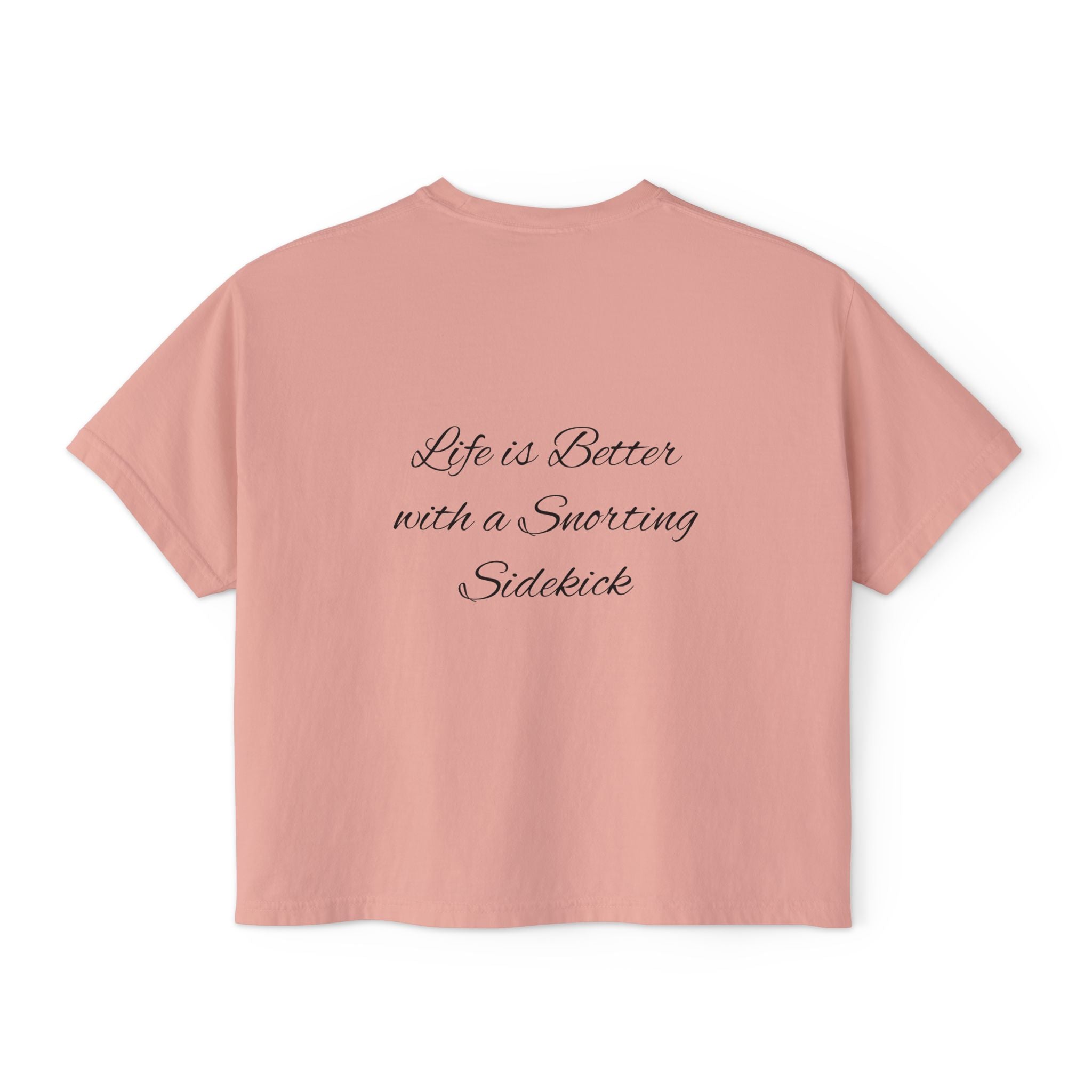 Personalized Pug Mom Boxy Tee — "Pug Mom" Front with "Life is Better with a Snorting Sidekick" Back