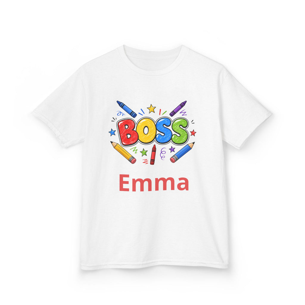 Kids 'Boss' Personalized T‑Shirt — Colorful Crayon Design (Custom Name)