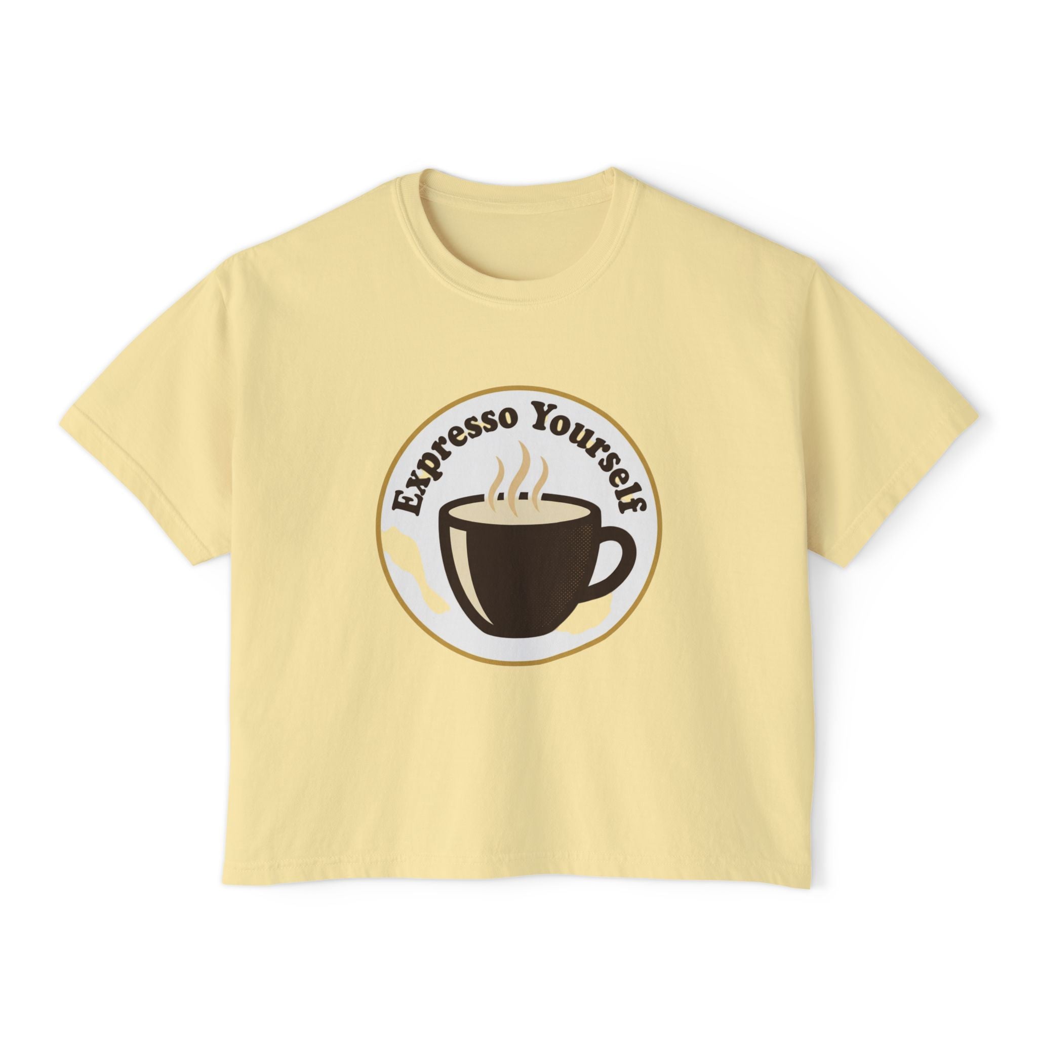 Coffee Graphic Tee — "Expresso Yourself" Boxy Top (Hustle More, Less Coffee)