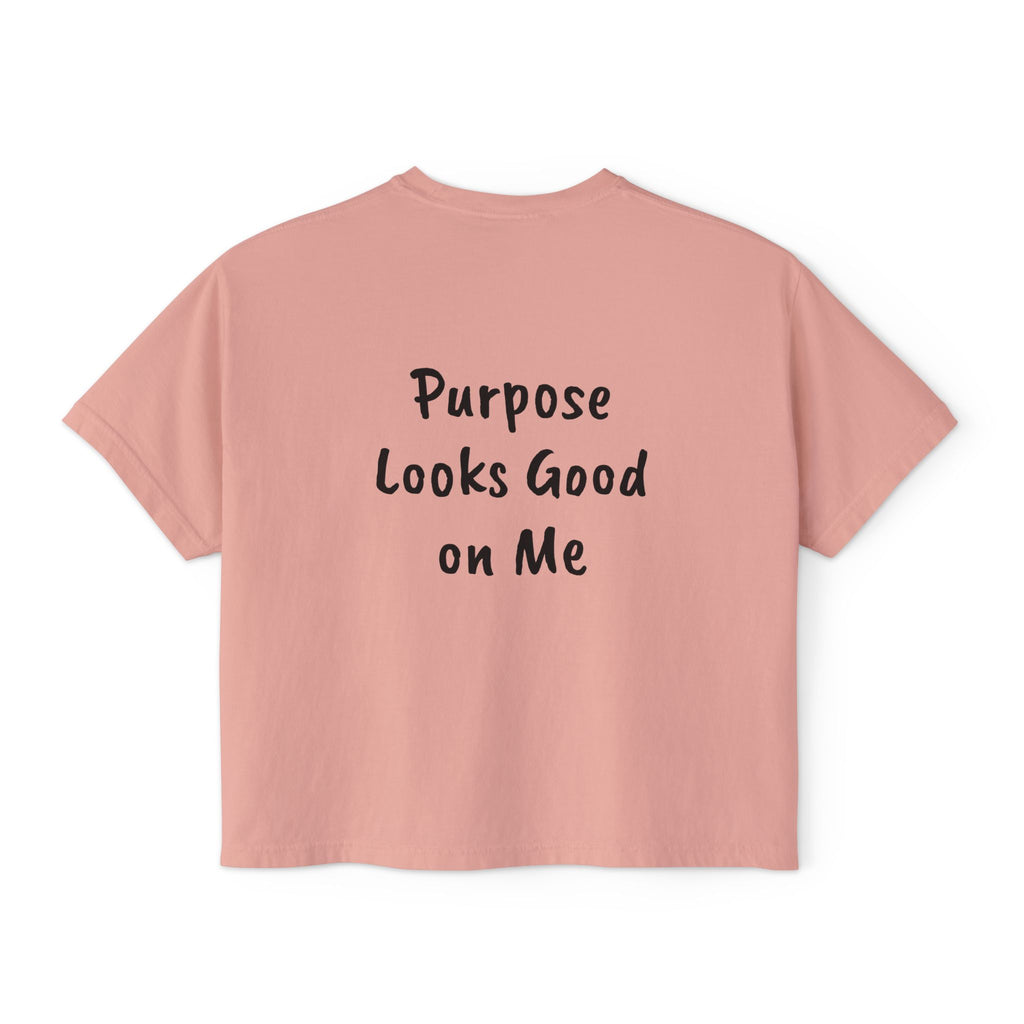 Personalized Women’s Boxy Tee — Peace Hand Graphic & “Purpose Looks Good on Me” Back Print