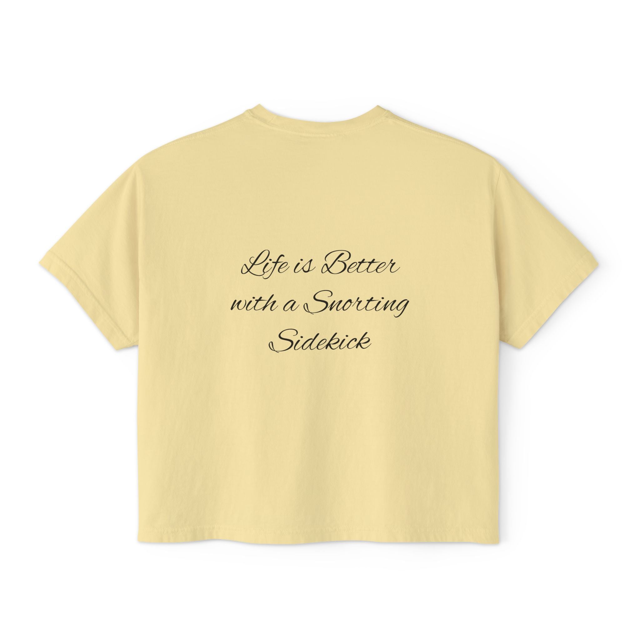 Personalized Pug Mom Boxy Tee — "Pug Mom" Front with "Life is Better with a Snorting Sidekick" Back