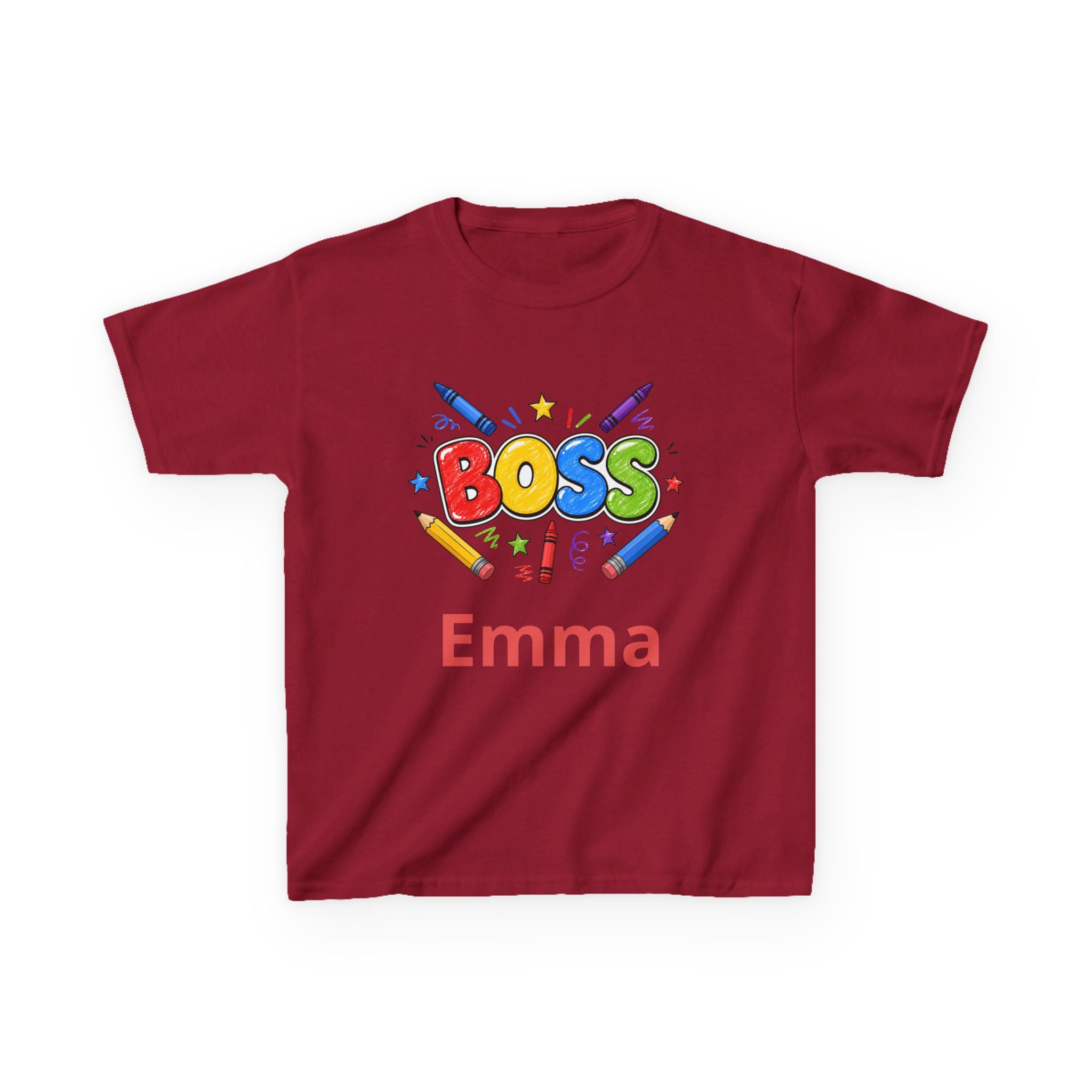 Kids 'Boss' Personalized T‑Shirt — Colorful Crayon Design (Custom Name)