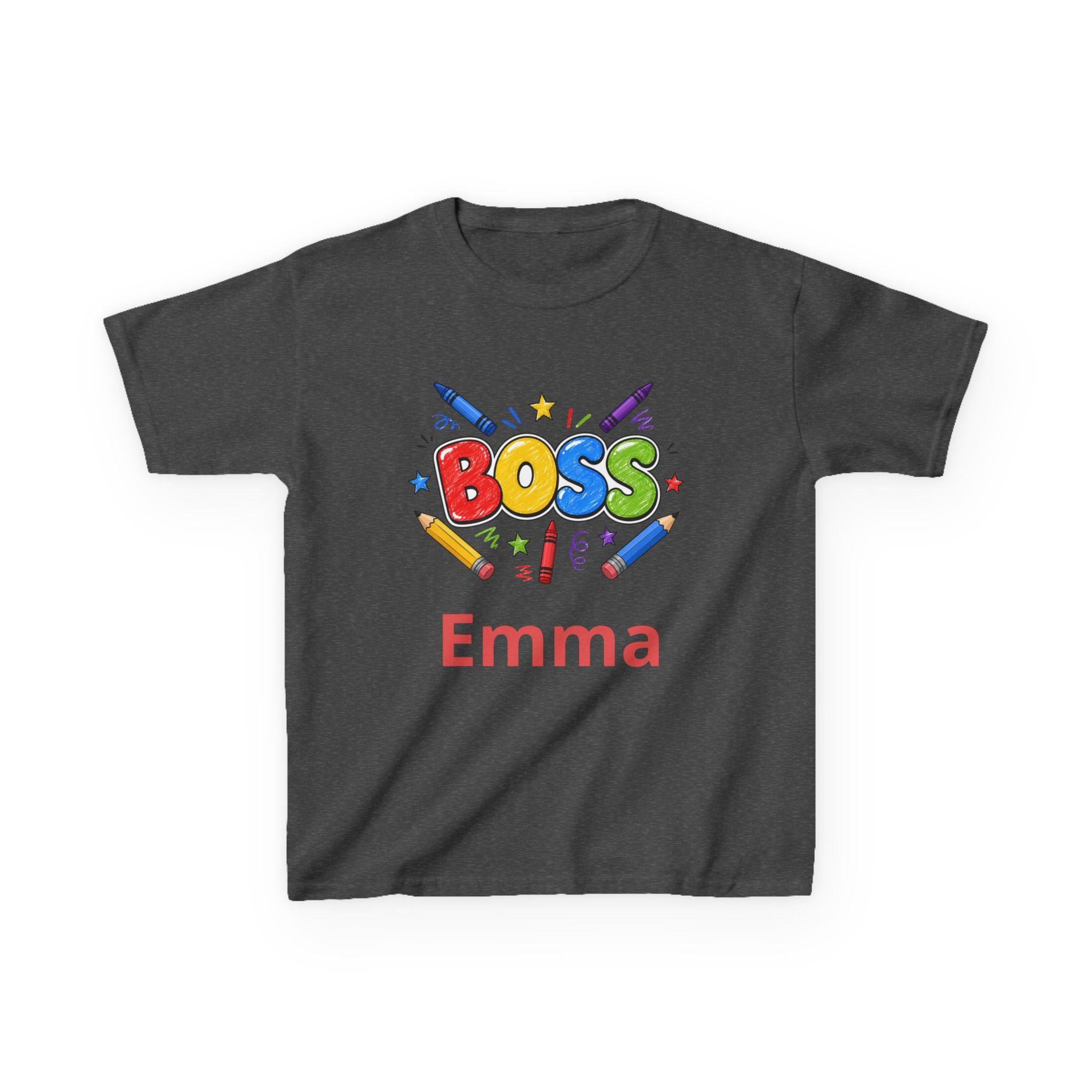 Kids 'Boss' Personalized T‑Shirt — Colorful Crayon Design (Custom Name)