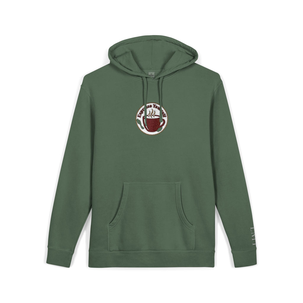 Personalized "Expresso Yourself" Sleeve Pigment-Dyed Hoodie with Coffee Crest Logo — Vintage Cozy Streetwear