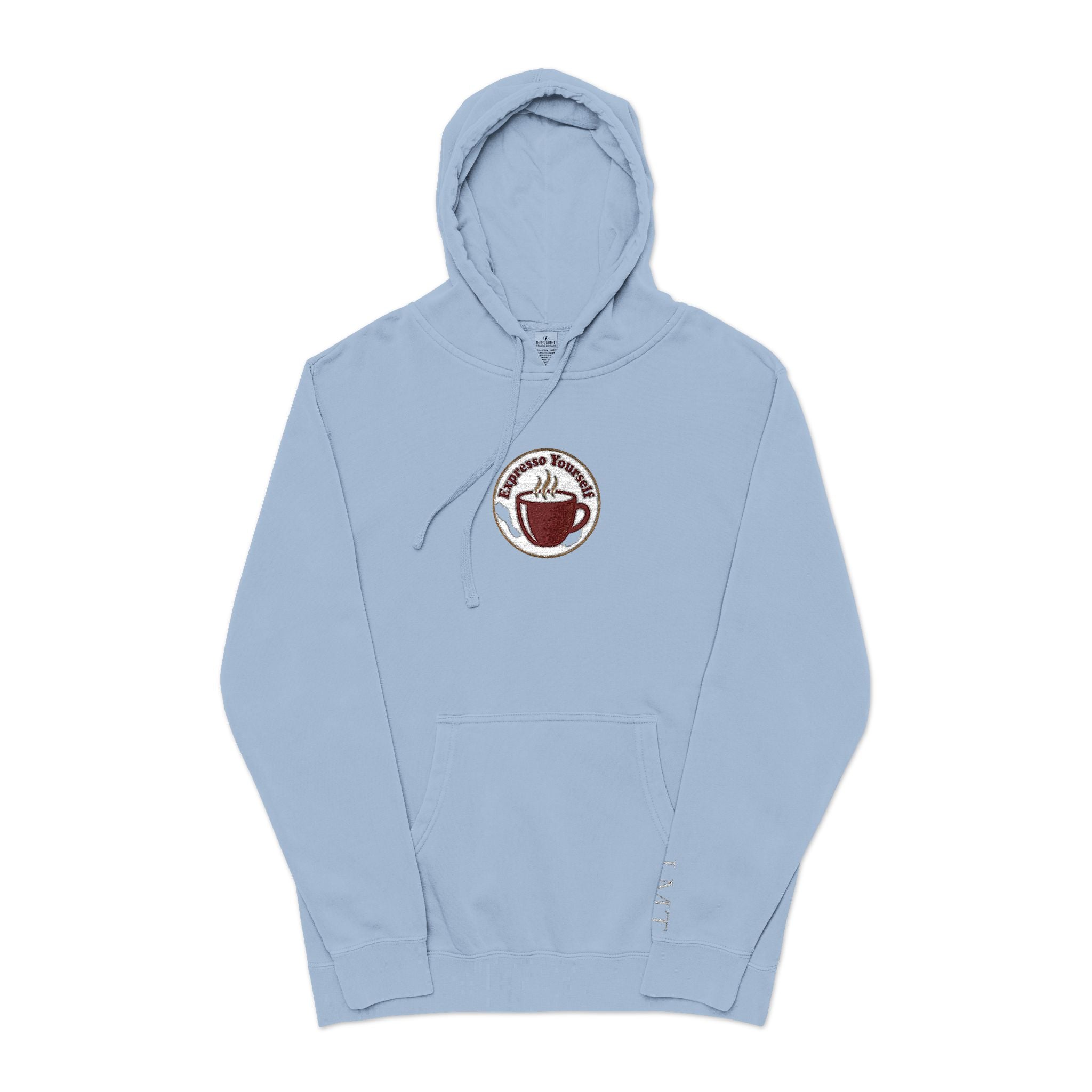 Personalized "Expresso Yourself" Sleeve Pigment-Dyed Hoodie with Coffee Crest Logo — Vintage Cozy Streetwear