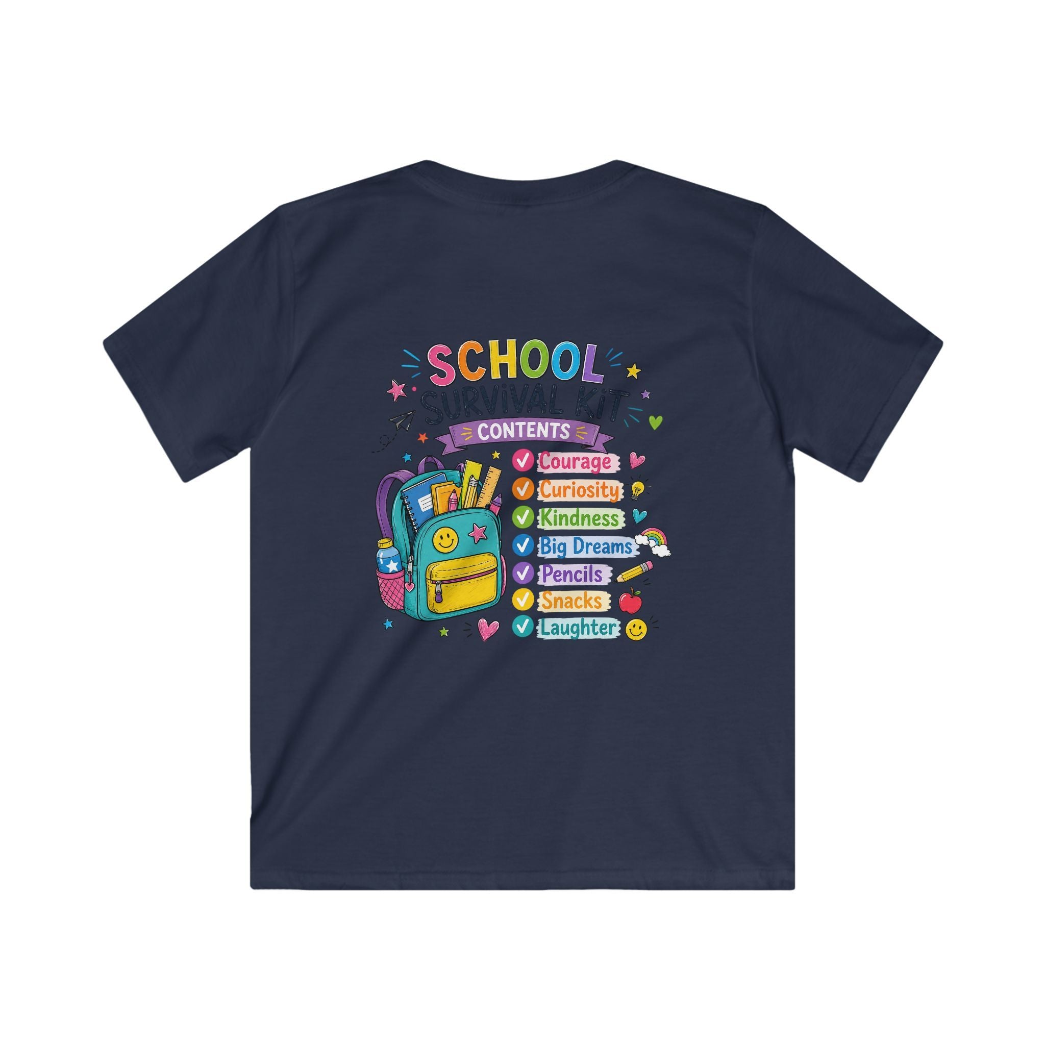 Kids Softstyle Tee- Personalized back to school, with Name, grade, and school survival kit