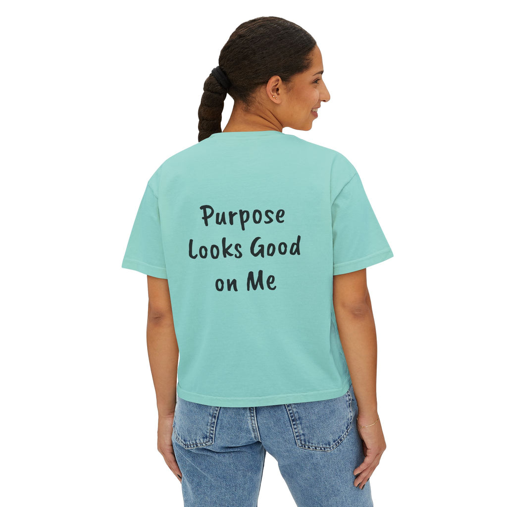 Personalized Women’s Boxy Tee — Peace Hand Graphic & “Purpose Looks Good on Me” Back Print