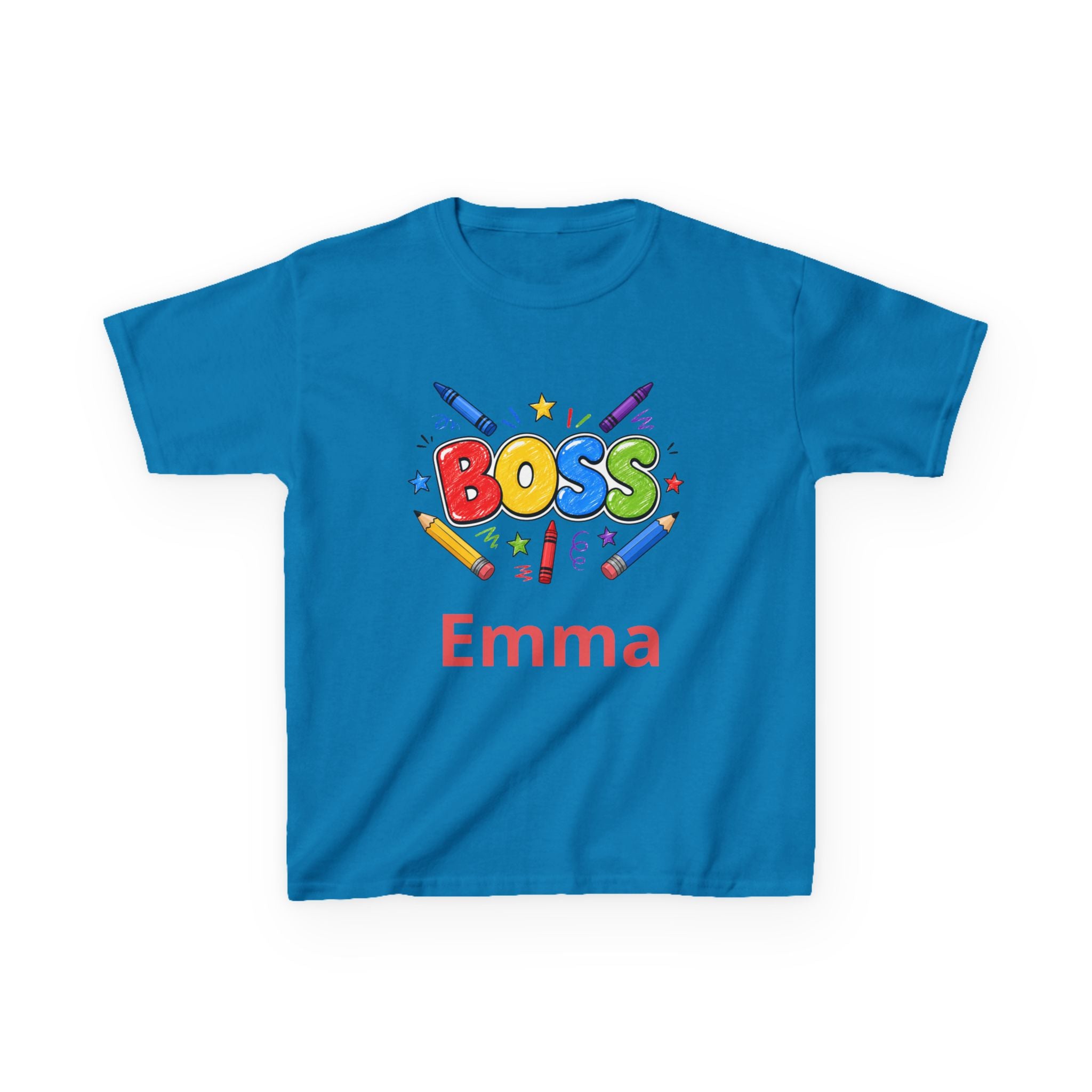 Kids 'Boss' Personalized T‑Shirt — Colorful Crayon Design (Custom Name)