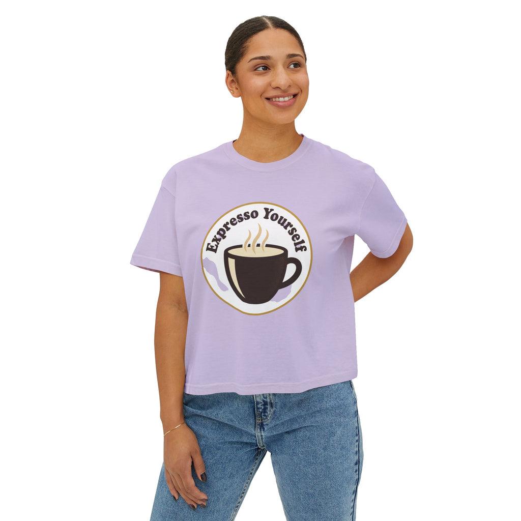 Coffee Graphic Tee — "Expresso Yourself" Boxy Top (Hustle More, Less Coffee)