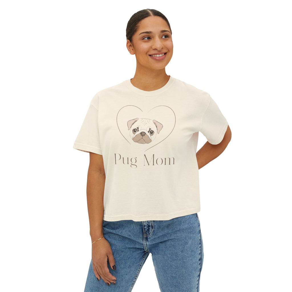 Personalized Pug Mom Boxy Tee — "Pug Mom" Front with "Life is Better with a Snorting Sidekick" Back