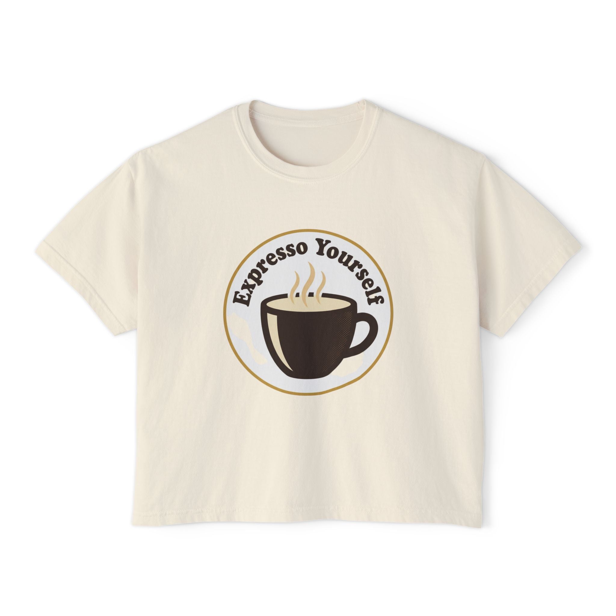 Coffee Graphic Tee — "Expresso Yourself" Boxy Top (Hustle More, Less Coffee)