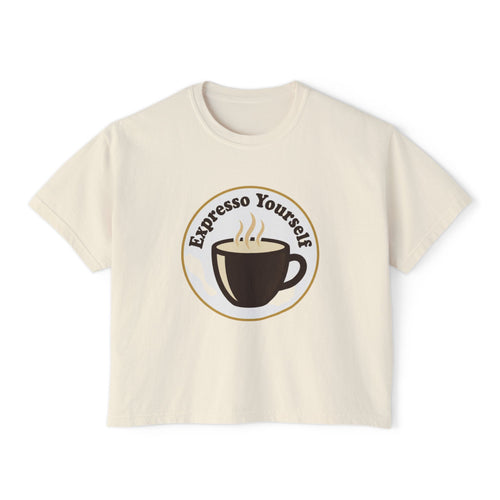 Coffee Graphic Tee — "Expresso Yourself" Boxy Top (Hustle More, Less Coffee)
